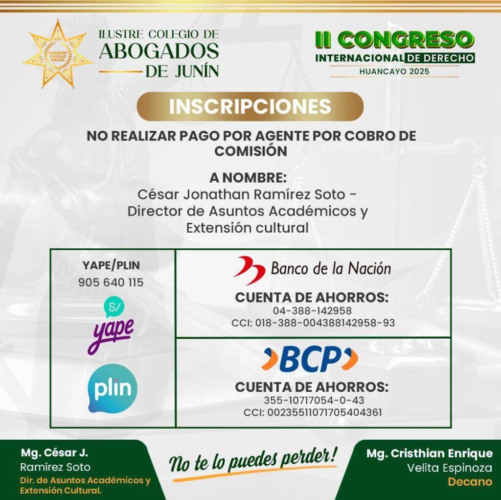 Canales habilitados para el pago de inscripciones: Banco de la Nación, BCP, Yape y Plin